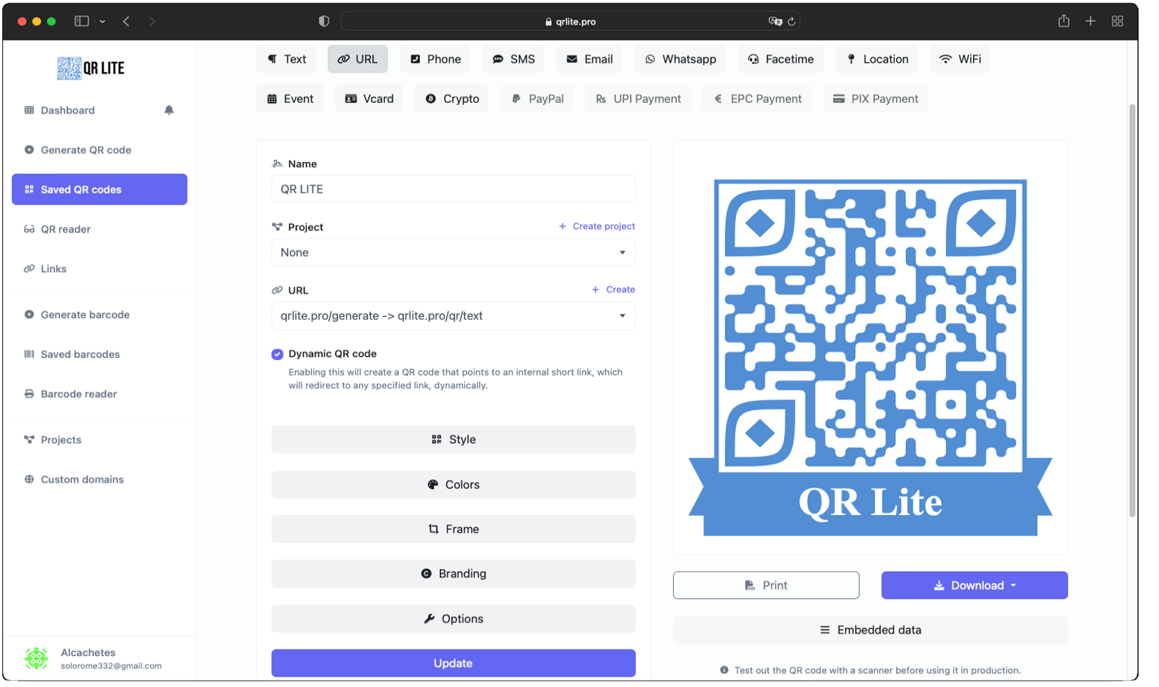 Screenshot of the QR code generator page